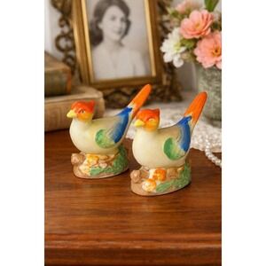 Vintage MCM Japan Ceramic Bird Figurines Pair Colorful 1960s Retro Shelf Decor